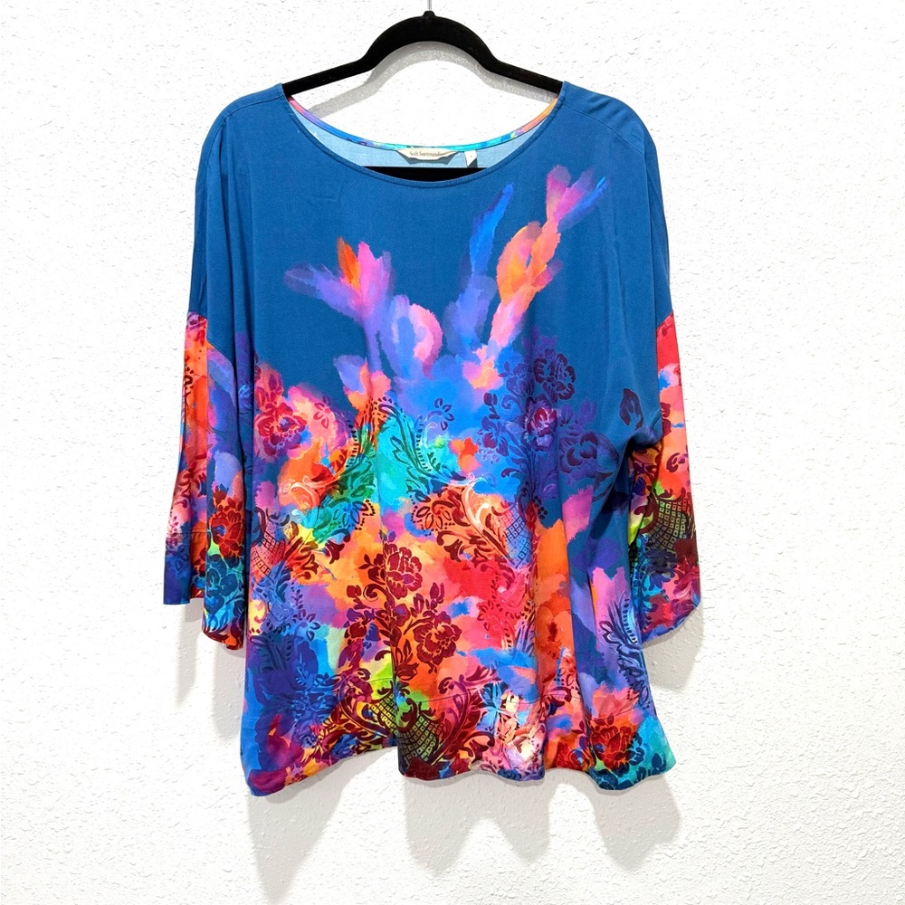 Soft Surroundings Anniah Blue and Red‎ Floral artsy Blouse L